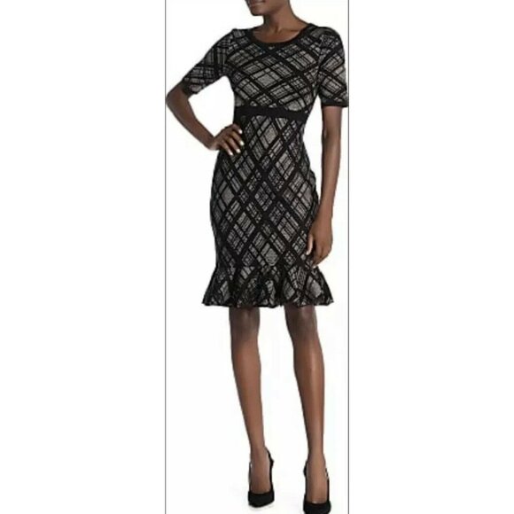 NINA LEONARD PLAID PRINTED RUFFLE PEPLUM HEM KNIT SWEATER DRESS SMALL - Picture 8 of 8